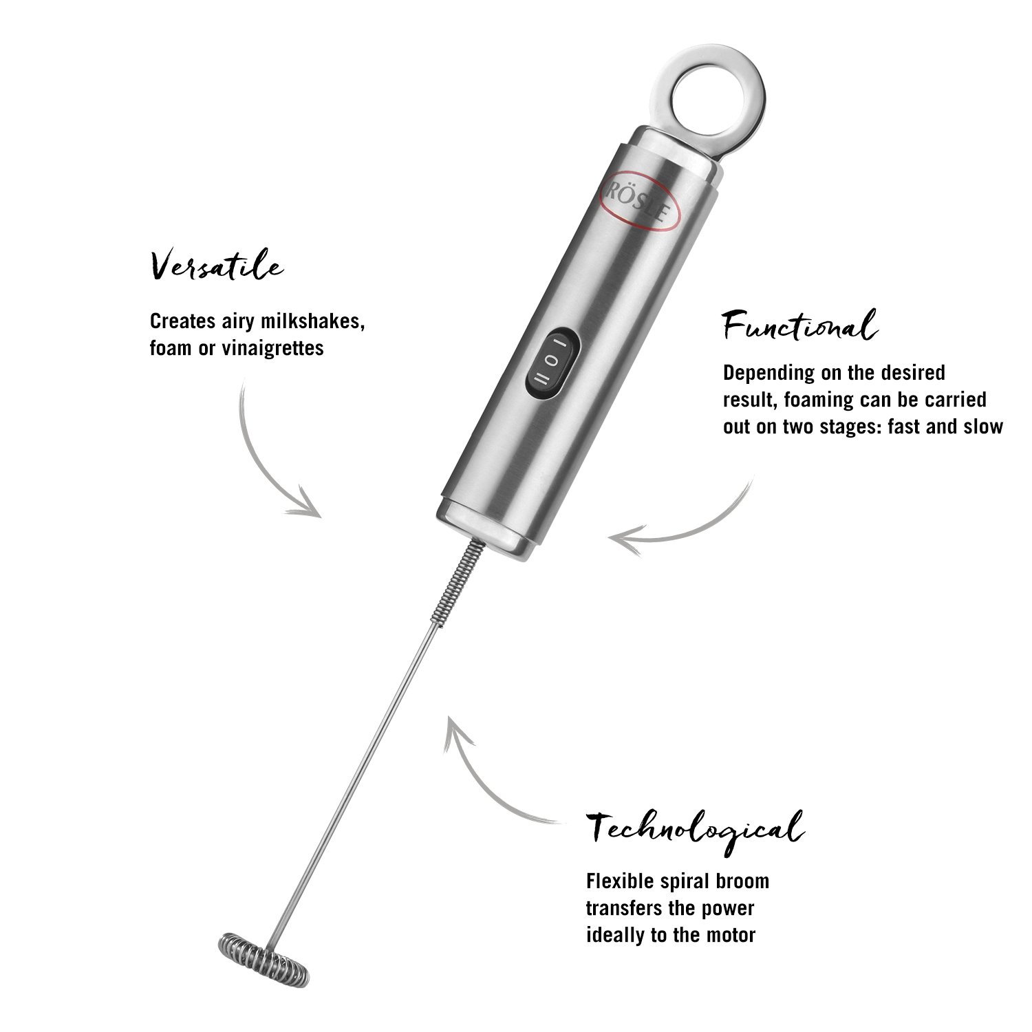 Rosle 12961 Stainless Steel Dual Speed Electric Liquid Frother Whisk with Round Handle 10.5 in, Silver - Image 6